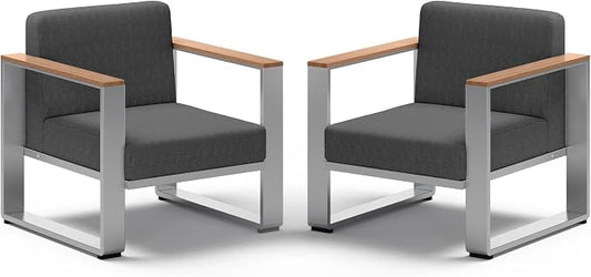 2 Pieces Outdoor Aluminum Armchair, Modern Patio Patio Furniture with Wide Seat and Thick Cushions, All-Weather Oversized Couch for Deck, Porch