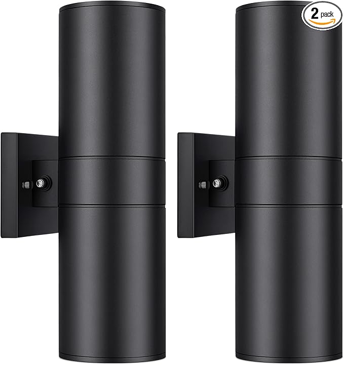 14” Modern Outdoor Wall Light with Dusk to Dawn Sensor, Exterior Light Fixture Wall Mount Waterproof Anti-Rust Cylinder, Up and Down 2 Lights Black Sconces for Porch House Outside Entryway, 2-Pack