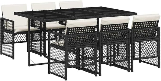 7-Piece Garden Dining Set with Cushions, Black Poly Rattan Outdoor Table and 6 Foldable Chairs for Patio Backyard, Modern Backyard Dinner Furniture Set with Tempered Glass Tabletop