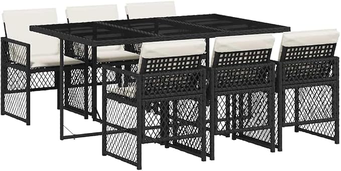 7-Piece Black Rattan Patio Dining Set with Cushions | Features a tempered glass table and 6 folding chairs, designed for backyard, balcony, and deck dining.