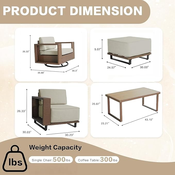 MOCHITO 7 Pieces Outdoor Patio Furniture Sets, All-Weather Sectional Sofa PE Rattan Wicker Conversation Set, Outdoor Patio sectional for Poolside, Porch, Lawn, Garden, Balcony(Beige)