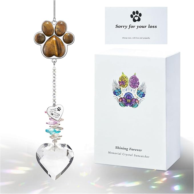 Dog Memorial Gifts, Pet Memorial Suncatcher, Loss of Dog Sympathy Gift | Thoughtful Dogs and Cats Bereavement Remembrance Gifts, Natural Cat's Eye Stone Paw Crystal Suncatcher