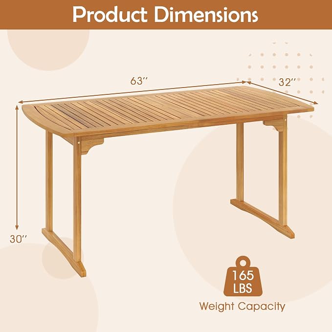 RELAX4LIFE 63’’ Wooden Outdoor Dining Table - Acacia Wood Rectangular Patio Table for 4-6 People w/Umbrella Hole & Slatted Tabletop, Farmhouse Furniture for Pool Backyard Garden Porch (U-Shaped Leg)