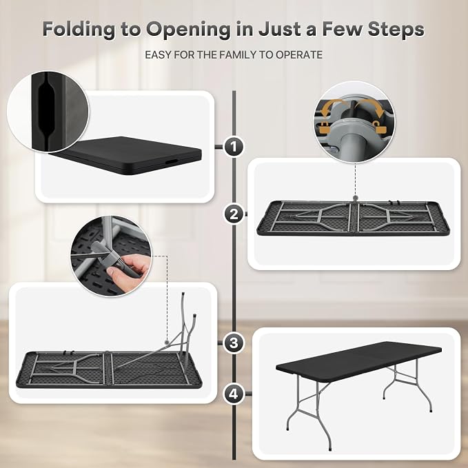 Athena Collection 6ft Folding Table, Lightweight Portable Desk with Handle, Square Foldable Plastic Table for Card Games, Collapsible Dining, Indoor Outdoor Camping Picnic & Party Use, Black