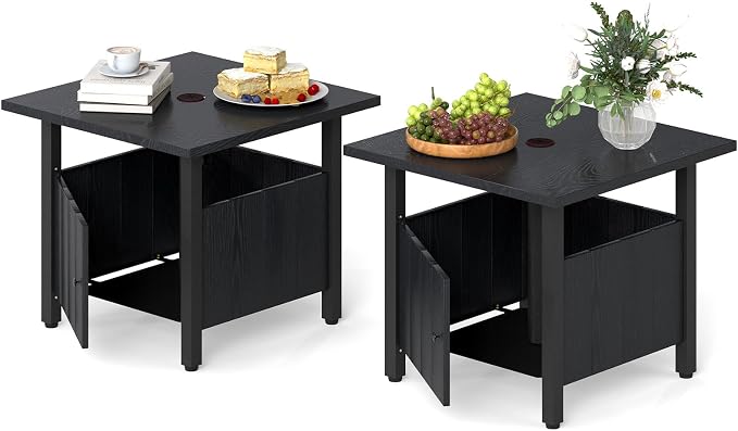 Tangkula Outdoor Table with Hole, Patio Umbrella Table with 2 Sand Bags, 1.89" Umbrella Hole, Metal Frame, Outdoor Side Table for Garden, Deck and Poolside (Set of 2)