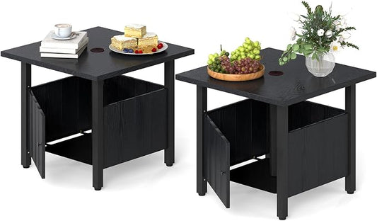 Tangkula Outdoor Table with Hole, Patio Umbrella Table with 2 Sand Bags, 1.89" Umbrella Hole, Metal Frame, Outdoor Side Table for Garden, Deck and Poolside (Set of 2)
