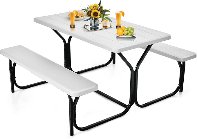 LDAILY Picnic Tables, Rectangular Picnic Table with Steel Frame, 2 Benches Set, HDPE Tabletop, Plastic Picnic Table for Outdoor, Camping, Patio, Lawn, Yard, Picnic Parties (White)
