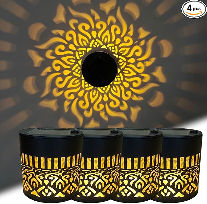 Decorative Solar Mandala Lights, Metal Solar Powered Outdoor Wall Lights Solar Powered Deck Step Stair Light, Waterproof Mandalas Fence Light for Garden Yard Backyard Post Patio Decor (4, Mandala)