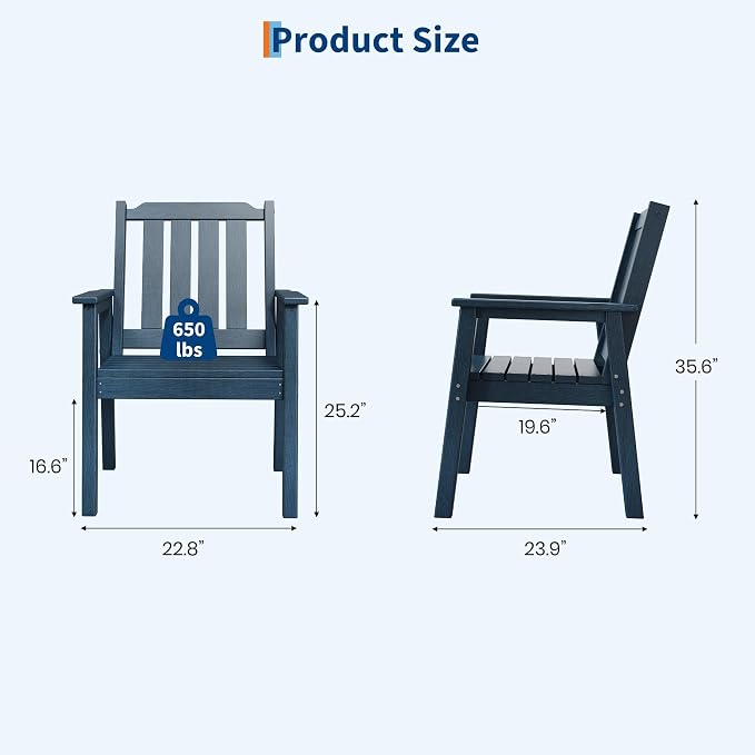 Garvee Outdoor Patio Dining Chairs Set of 2, Outdoor HDPE Garden Dining Chairs, Sturdy Frame, Waterproof, All-Weather for Backyard, Poolside, Porch, Deck, Navy Blue