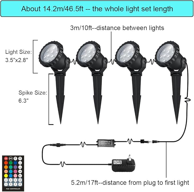 Spotlights Outdoor, RGB Color Changing Landscape Lights 12W 800lm 120V Plug in LED Spot Lights with Remote, IP66 Waterproof Outdoor Lights for Tree Yard House Flag Garden, 46.5ft Cord, 4 Pack