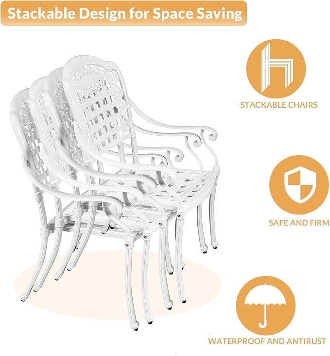 5-Piece Outdoor Patio Dining Set, All-Weather Cast Aluminum Patio Furniture Set with 4 Chairs and 35.4" Square Table for Backyard Garden Deck, 2" Umbrella Hole, White