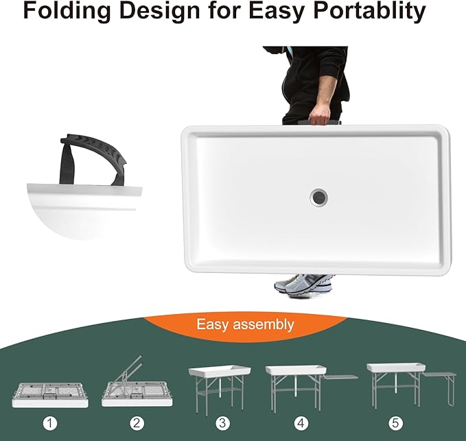 Folding Ice Cooler Table with Metal Side Desktop, Skirt &Drain Hose to Keep Drinks Cool, 4 Foot Portable Self-Serving Beverage Cooling Bar with Metal Shelf for Party, BBQ, Camping Picnic, White