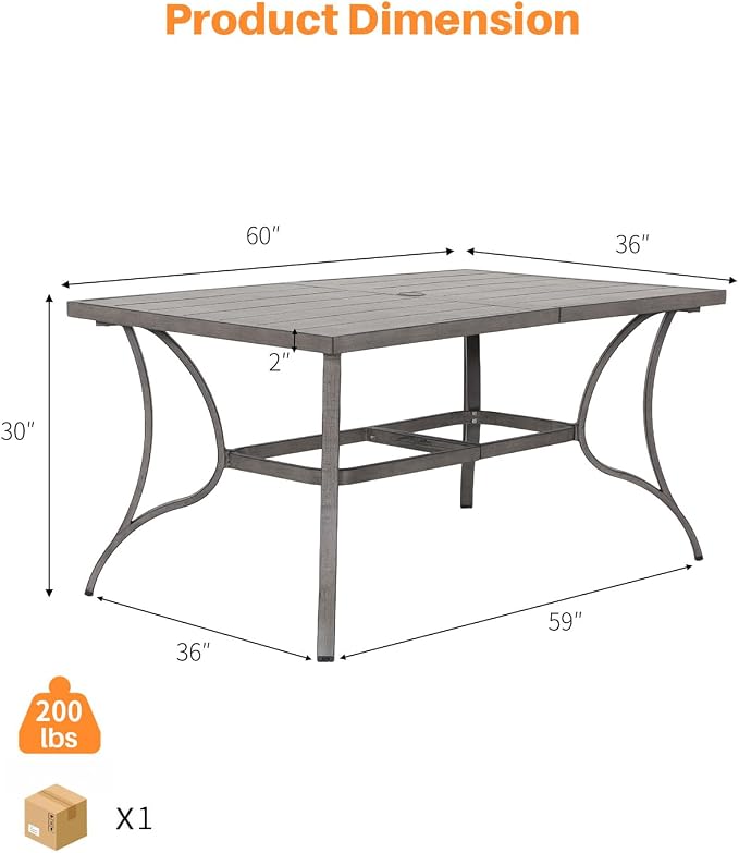 Patio Dining Table for 6, Never Rusts Outdoor Dining Table with Umbrella Hole, 59.8" x 35.8" Rectangle Patio Table, 6 Person Aluminum Outdoor Patio Table for Deck, Garden Poolside, Limed Oak