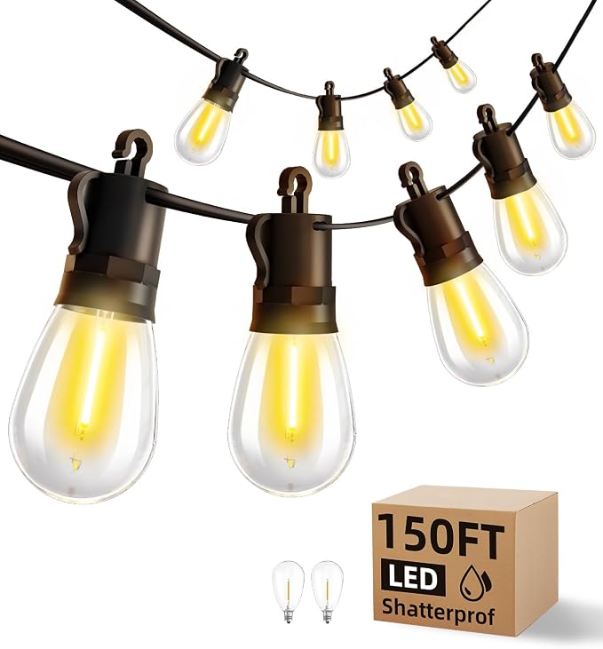 Outdoor String Lights Patio LED - Light Outside Waterproof S14 Porch Lighting Edison Plastic Bulb Pergola Hanging Balcony Connectable Backyard Yard Gazebo Party Garden Bistro 45M 150FT