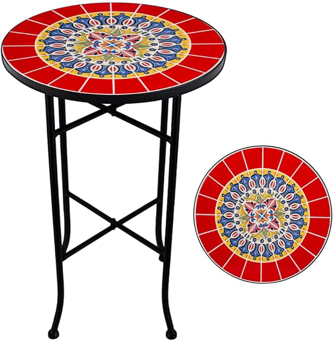 Mosaic Outdoor Side Table Small Round Patio Table Plant Stand | 21" Accent End Table with 14" Ceramic Tile Top for Small Spaces Porch Pool Garden Decor Indoor Living Room Bedroom Balcony