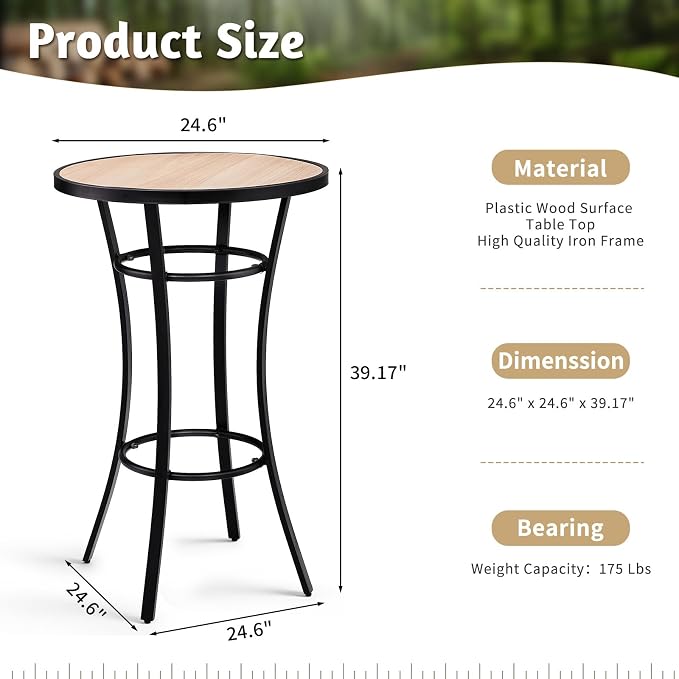 Outvita 39" Outdoor Bar Height Bistro Table, Stylish Round Pub Table with Wooden-Like Top & Sturdy Metal Frame for Patio Dining