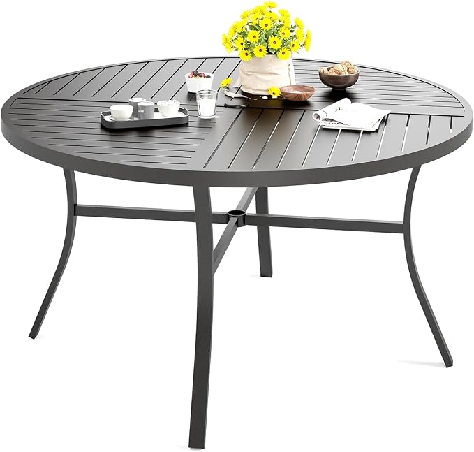 HERA'S HOUSE 54" Outdoor Patio Round Dining Table with Umbrella Hole, Metal Steel Frame for Backyard Lawn Balcony Deck, Black