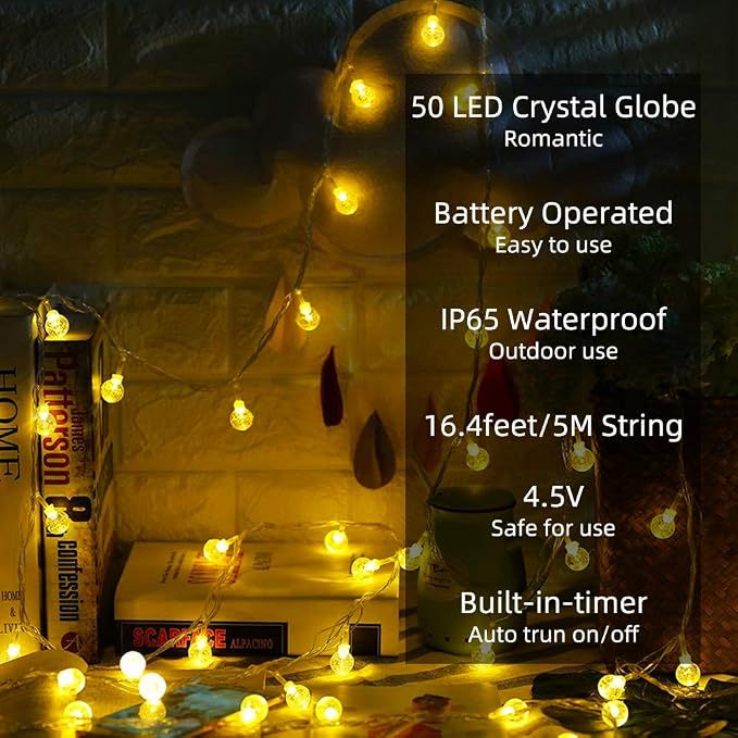 Metaku 16.4Ft 50LED Battery Operated Globe String Lights with Remote | Waterproof Fairy Lights Indoor Outdoor Hanging Lights Decorative Christmas Lights for Home Party Patio Garden Wedding