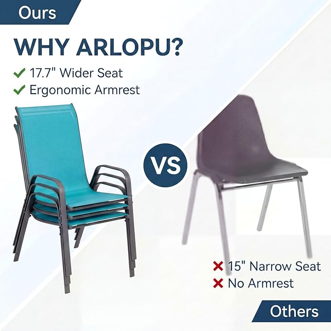Arlopu 7-Piece Outdoor Table and Chairs for 6, Outdoor Dining Set W/Rectangle Glass Table and Patio Textilene Stackable Chairs, Patio Furniture Set W/Umbrella Hole (Black Table & Sky Blue Chair)