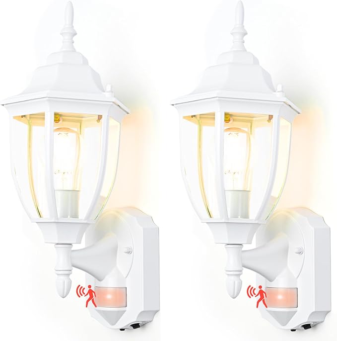 Porch Lights Outdoor Motion Sensor Wall Sconce Anti-Rust Aluminum, Exterior Outdoor Wall Lights Dusk to Dawn Porch Light Fixture Wall Mount for House Outside Patio 2Pack White