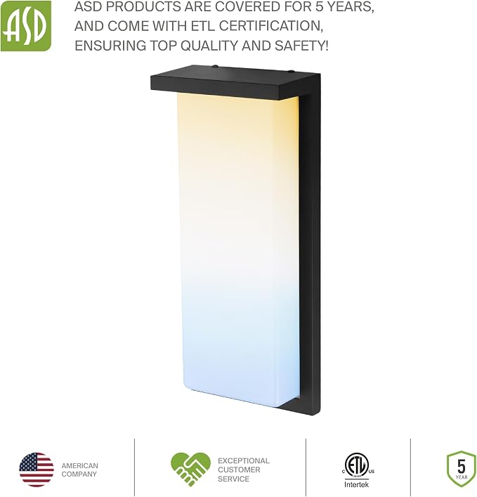 ASD LED 14" Outdoor Wall Light, Dusk to Dawn Front Door House Sconce | 3CCT, Photocell, Waterproof, ETL Listed | 20W 1900LM 3000-5000K 120V | Exterior Patio Lighting Fixture, Porch Lamp | Black