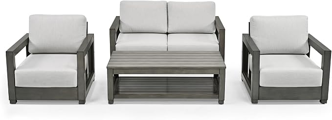 HAPPATIO Oversized Aluminum Patio Furniture Set, Outdoor Conversation Set 4 Pieces with Loveseat and Coffee Table, Extra Large Seat with Thicken Cushion for Backyard Poolside, Grey