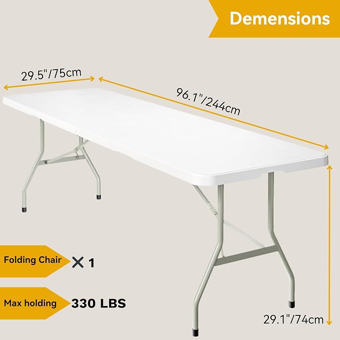 DWVO 8FT Folding Tables, Heavy Duty 8ft White Folding Table with Carrying Handle, Portable Plastic Fold in Half Table for Outdoor Camping Picnic Parties Indoor Events, White