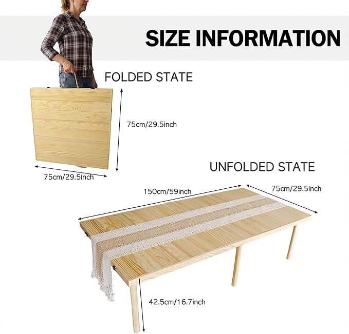 Amdermi Folding Picnic Table with Table Runner, 60 x 30 Inch Portable Boho Low Picnic Table for Indoor Outdoor Camping, Beach, Garden, Party, 6-8 Person