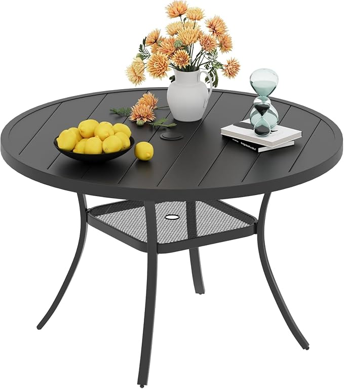 VICLLAX Round Patio Dining Table for 4-6, Outdoor Metal Dining Table with Umbrella Hole for Deck Lawn Garden Backyard, 47.2" Black