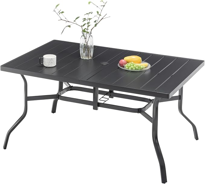 KEIKI Outdoor Dining Table for 56.69" Rectangular Metal Patio Tables with Umbrella Hole & Anti-Slip Pads, All-Weather Black Rectangle Table for Porch, Garden, Yard, Lawn, Poolside, Balcony