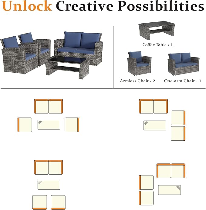 Solaste 4 Piece Outdoor Patio Furniture Set, Outdoor Sectional Sofa with Tempered Glass Coffee Table and Cushions, Wicker Rattan Patio Set for Backyard, Front Porch, Balcony, Navy