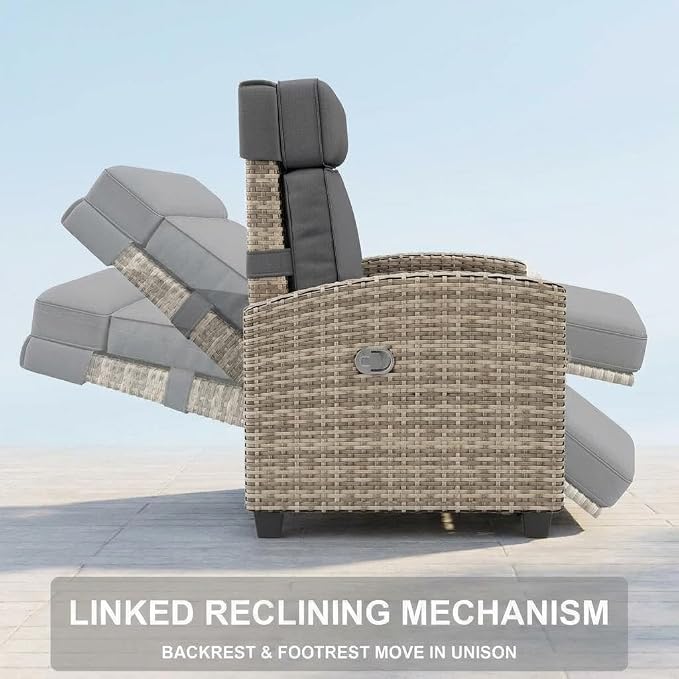 Outdoor Wicker Gas Lift Chair with Cushion, 145° Adjustable PE Rattan Patio Chair with Metal Frame, Height Adjustable Lounge Chair for Garden, Patio, Balcony & Backyard,Gray White Gradient Wicker,Gray