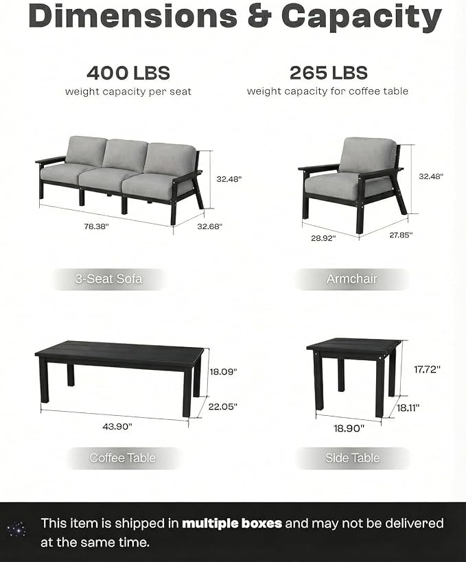 Patio Furniture Set 6 Seats, HDPE Outdoor Sectional with Gray Washable Thick Cushions, Coffee Table, Patio Conversation Sets for Lawn, Garden, Porch, Balcony, Deck (Black Frame)