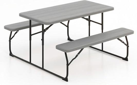 Giantex 4.5 FT Folding Picnic Table Bench Set- Outdoor Dining Set for 4-6 Persons w/All-Weather HDPE Tabletop, Metal Leg, Large Outside Dining Table for Lawn Patio Garden Yard Poolside, Grey
