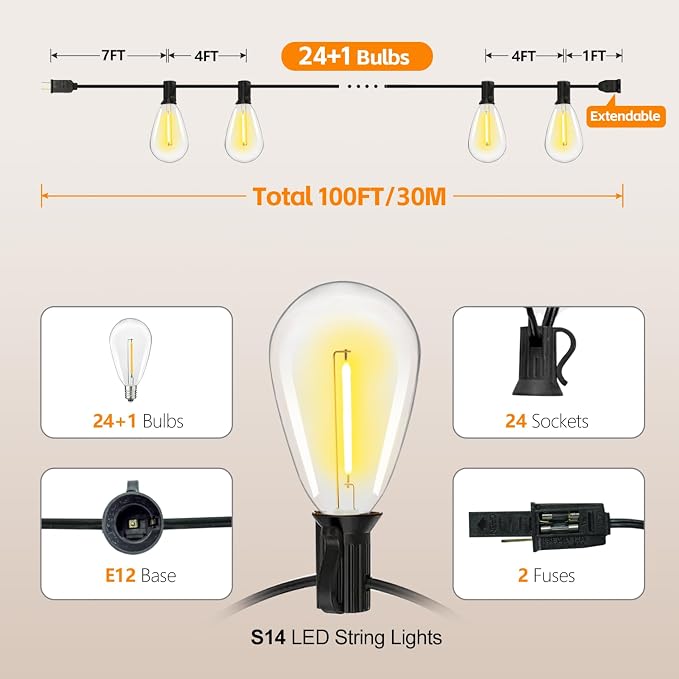 100FT S14 E12 Outdoor String Lights Waterproof Patio 24+1 (1 Spare) bulb | Outside Hanging Shatterproof S14 E12 LED Light Bulb for Parties Porch Garden Fences Backyard Outdoor Indoor