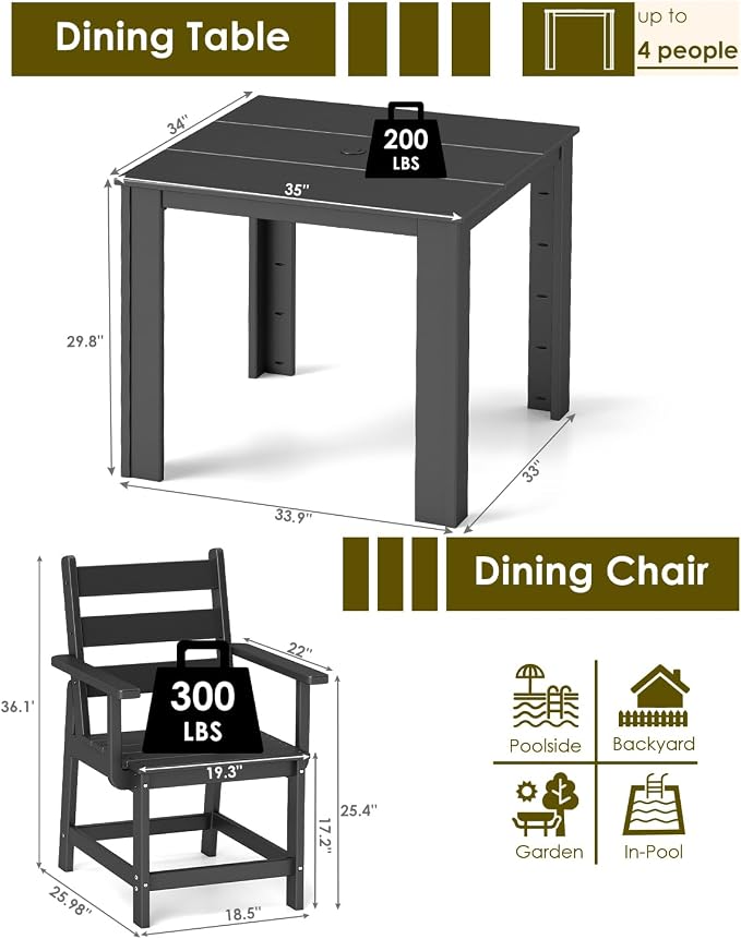 GREENVINES 5-Piece-Outdoor-Dining-Set | HDPE | Square | Patio Furniture | Table and Chairs Sets for 4 | All Weather | Removable Armrests | Umbrella Hole | for Backyard Poolside Garden | Black