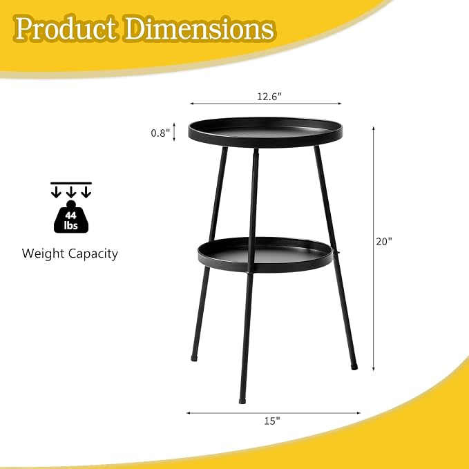 2 Tier Outdoor Side Tables for Patio, Round Metal Lawn Bistro Portable Leisure Standing Coffee End Table, Indoor Tray for Living Room Bedroom Balcony Poolside and Office (Black)
