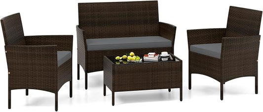 4 Piece Patio Furniture Set, Sectional Conversation Sofa Set with Glass Coffee Table, Cushions & Loveseat, Wicker Outdoor Table and Chairs for Pool, Garden, Deck, Backyard (1, Grey)