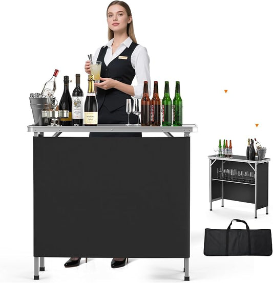 VINGLI 39" Portable Bar Table, Mobile Bar Table for Events, Party, Camping, Picnic, Tradeshow, Outdoor & Indoor with Black Skirt Carry Bag（Black）