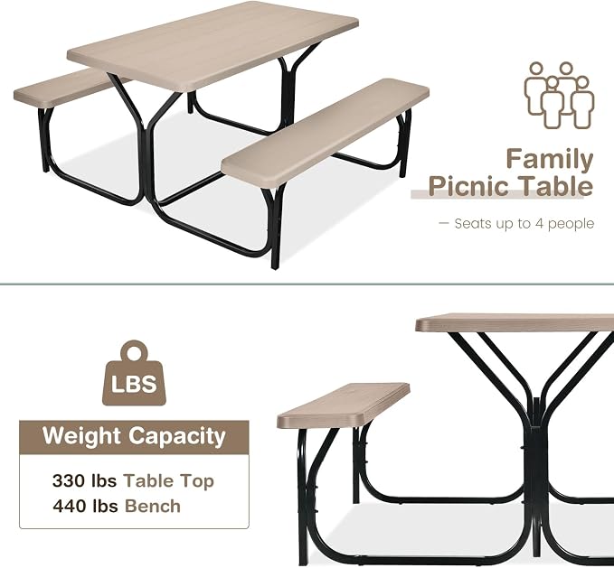 DORTALA Plastic Picnic Table for Outdoors, All Weather Faux Wood Patio Picnic Table Set with Benches for Outdoor, Cafeteria and Commercial, Brown
