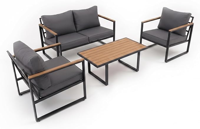 Modern Patio Furniture Set, 4 Pieces Outdoor Conversation Set | Metal Patio Furniture with 4" Washable Foam Cushions, Ships in 1 Box, Gray