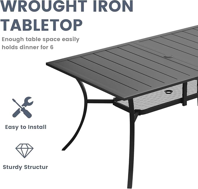 VICLLAX 7 Pieces Patio Outdoor Dining Set, 6 Swivel Textilene Chairs and 59" Round Metal Table with Umbrella Hole for Porch, Deck, Garden, Black/Dark Blue