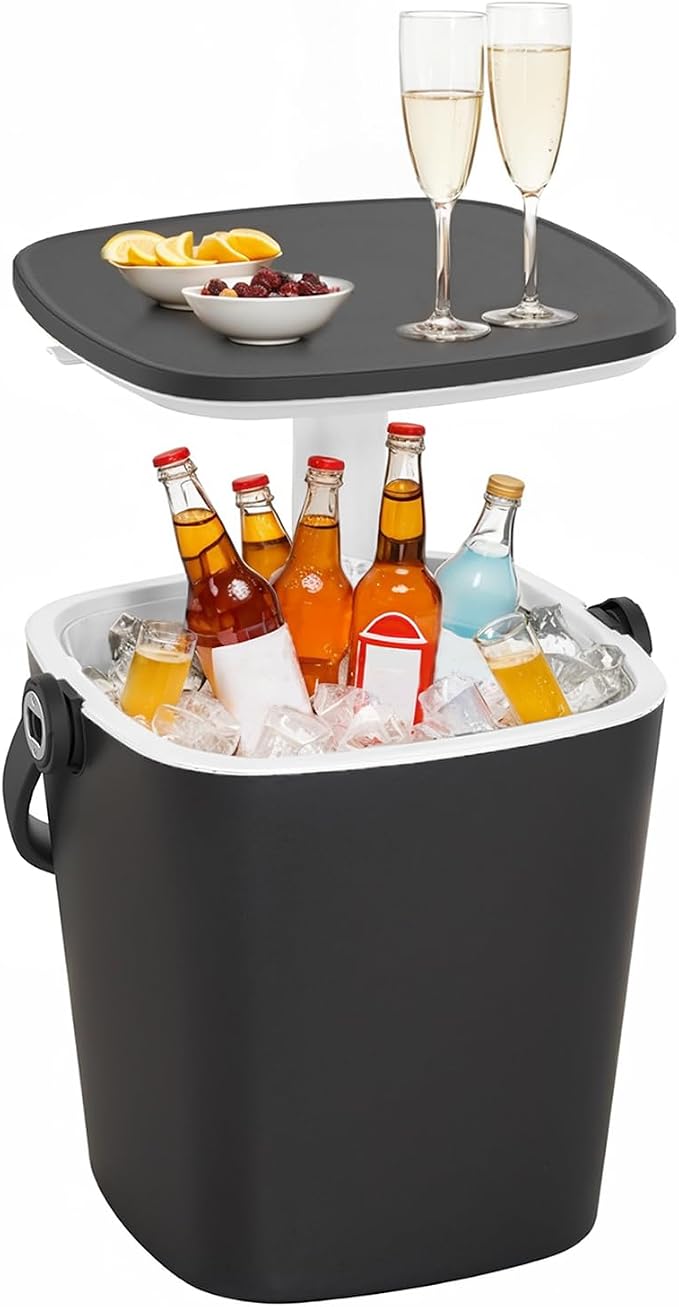 Outdoor Cooler Side Table, Drink Cooler Bar, Portable Ice Bucket, Lift Top Lid Beer and Wine Cool with Handle, Pop Up Patio Table (Black)