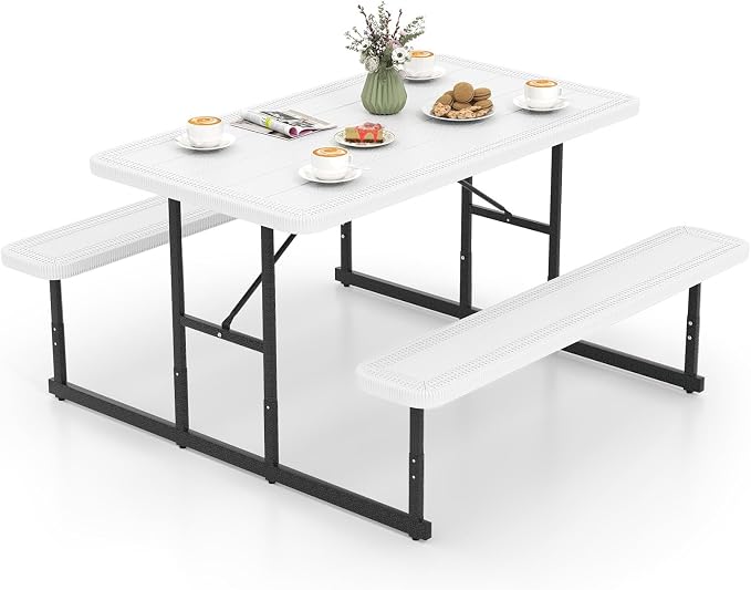 Picnic Table Set for 2-4 People, Umbrella Hole, Heavy-Duty Metal Frame & 2 Benches, HDPE Rectangular Outdoor Dinning Table & Benches for Outside, Patio, Garden, Backyard, Porch (White)