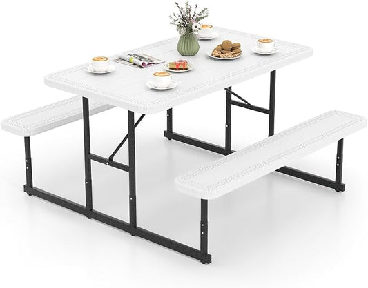 Picnic Table Set for 2-4 People, Umbrella Hole, Heavy-Duty Metal Frame & 2 Benches, HDPE Rectangular Outdoor Dinning Table & Benches for Outside, Patio, Garden, Backyard, Porch (White)