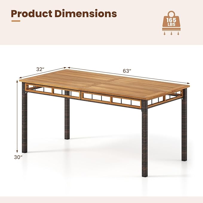 Tangkula 63-Inch Outdoor Dining Table for 6, Rectangular PE Rattan Patio Table with Acacia Wood Slatted Tabletop, 1.97" Umbrella Hole & Metal Frame, Outside Dining Furniture for Backyard, Garden, Deck