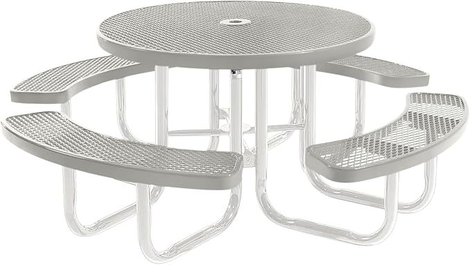 COATEDOUTDOORFURNITURE Heavy-Duty Portable Outdoor Picnic Table with Umbrella Hole, Expanded Metal Commercial-Grade Patio Furniture Made in America (46" Round Top, Grey with Grey Frames)