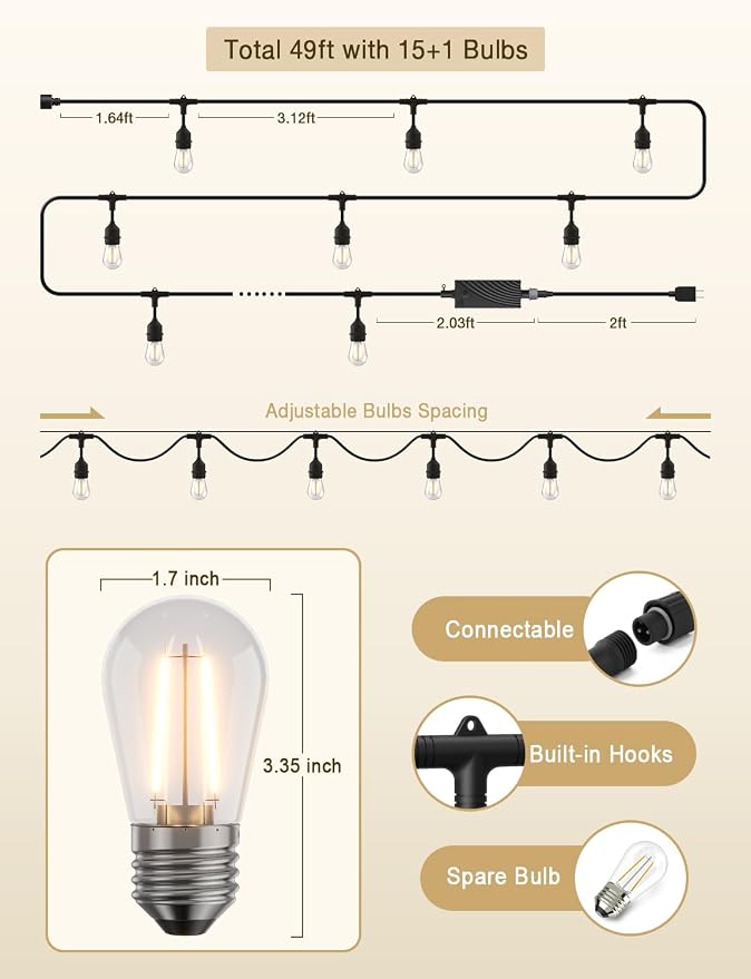 XMCOSY+ Outdoor String Lights, 49FT Smart Dimmable Edison Bulb Patio Lights | Smart App & Voice Control LED String Lights, Custom Schedules, Dimming, Warm White Light for Outside, Yard,Porch, Warerproof