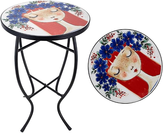 14 Inch Mosaic Patio Side Table with X-Curved Legs, Indoor Outdoor Accent Round End Table with Ceramic Tile Tops for Yard, Garden, Living Room, Bistro, C - Red Hair Girl