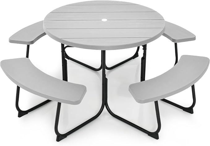 Round Picnic Table for Outdoors, 8 Person Outdoor Picnic Tables & Benches Set with Umbrella Hole, HDPE Tabletop & Metal Frame, 2000 LBS Capacity Table Bench Set for BBQ, Garden, Lawn, Patio